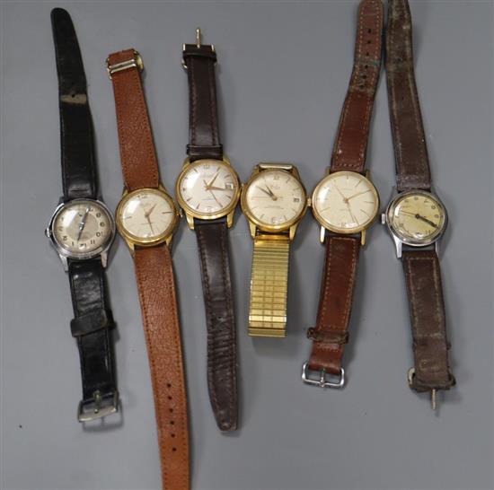 Six assorted gentlemans wrist watches including Poljot and MuDu.